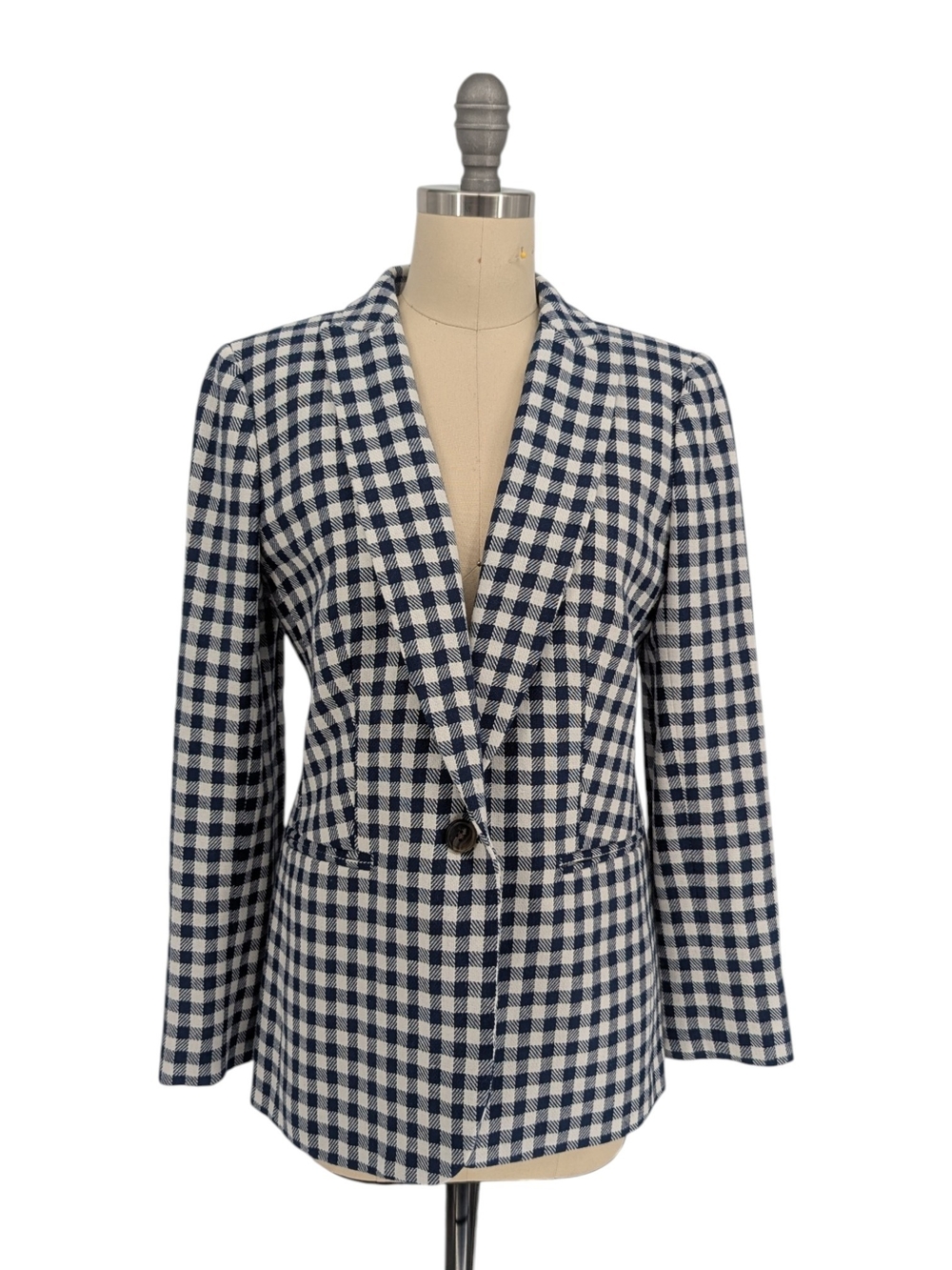 01147 J Crew Gingham  Plaid Blazer Navy Blue White size 4 preppy Business casual